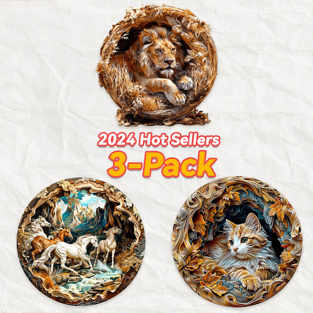 2024 Hot Sellers 3-Pack featuring lion, horses, and cat artwork designs in vibrant colors.