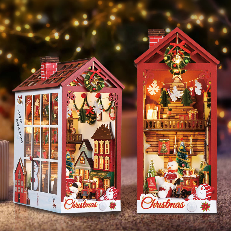 Merry Christmas DIY Book Nook Kit featuring festive wooden designs and musical elements, perfect for holiday décor.