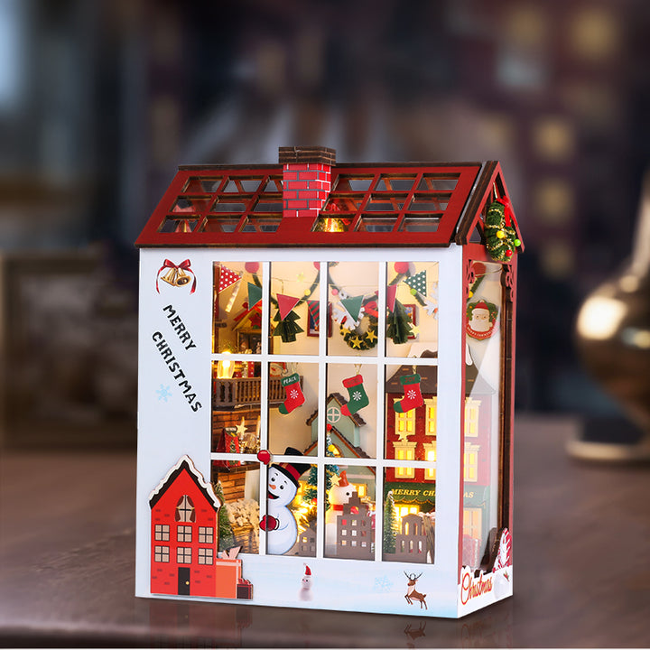 Merry Christmas DIY Book Nook Kit, 3D wooden puzzle with musical theme, festive decorations and lights.