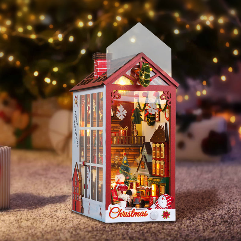 Merry Christmas DIY Book Nook Kit featuring a festive 3D wooden puzzle with musical and decorative elements.