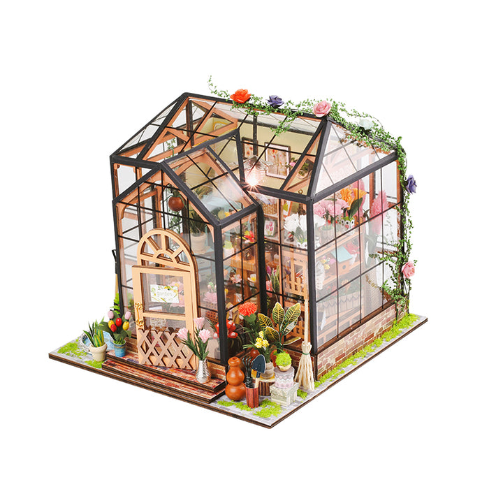 Jenny's Greenhouse DIY dollhouse kit, 3D wooden puzzle featuring detailed assembly and vibrant miniature decor.