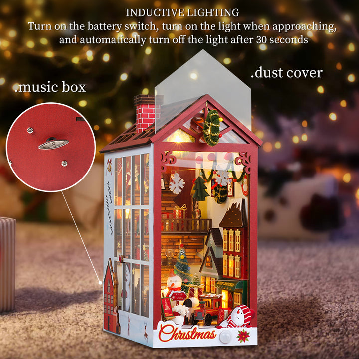 Merry Christmas DIY Book Nook Kit featuring inductive lighting, music box, and detailed design elements.