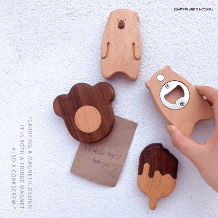 Multi-shaped wooden bottle openers with magnets, featuring bear, paw, and ice cream designs on a white background.