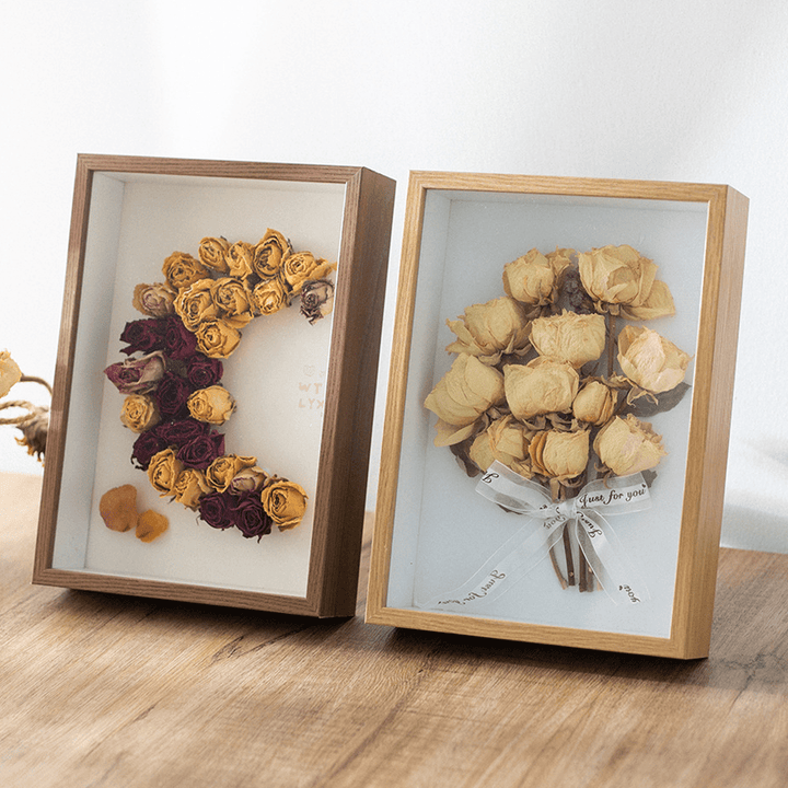 Deep inner frame specimen photo frame showcasing dried roses and floral arrangements for artistic home decor.