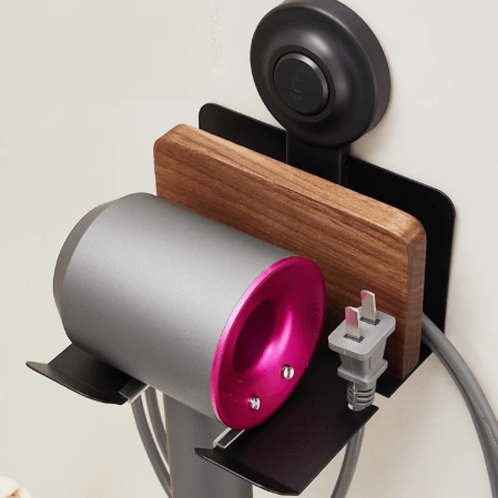 Suction cup hair dryer stand with walnut holder, featuring space aluminum design and no wall damage.