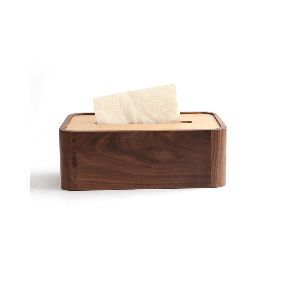 Wooden two-tone tissue box crafted from natural walnut wood featuring a minimalist design and warm tones.