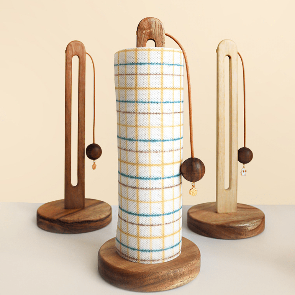 Wooden kitchen paper towel holder in acacia and beech, showcasing elegance and natural textures in a minimalist design.