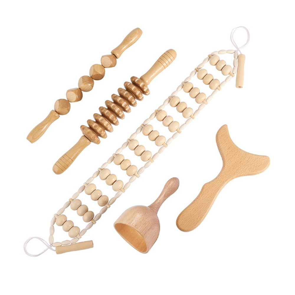 Collection of wooden meridian massage sticks for home health and relaxation.