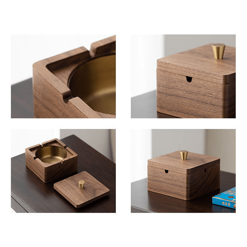 Square wooden ashtray featuring walnut exterior and stainless steel liner, suitable for modern decor.