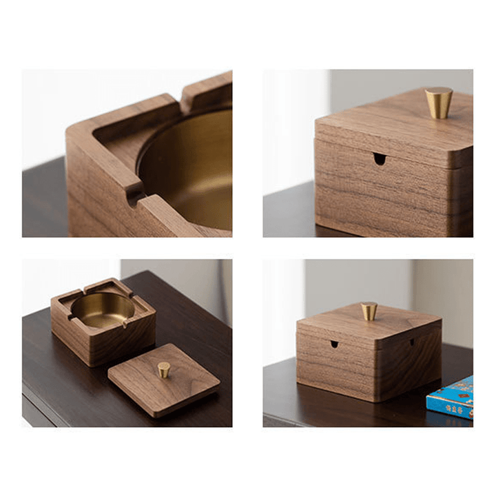 Square wooden ashtray featuring walnut exterior and stainless steel liner, suitable for modern decor.