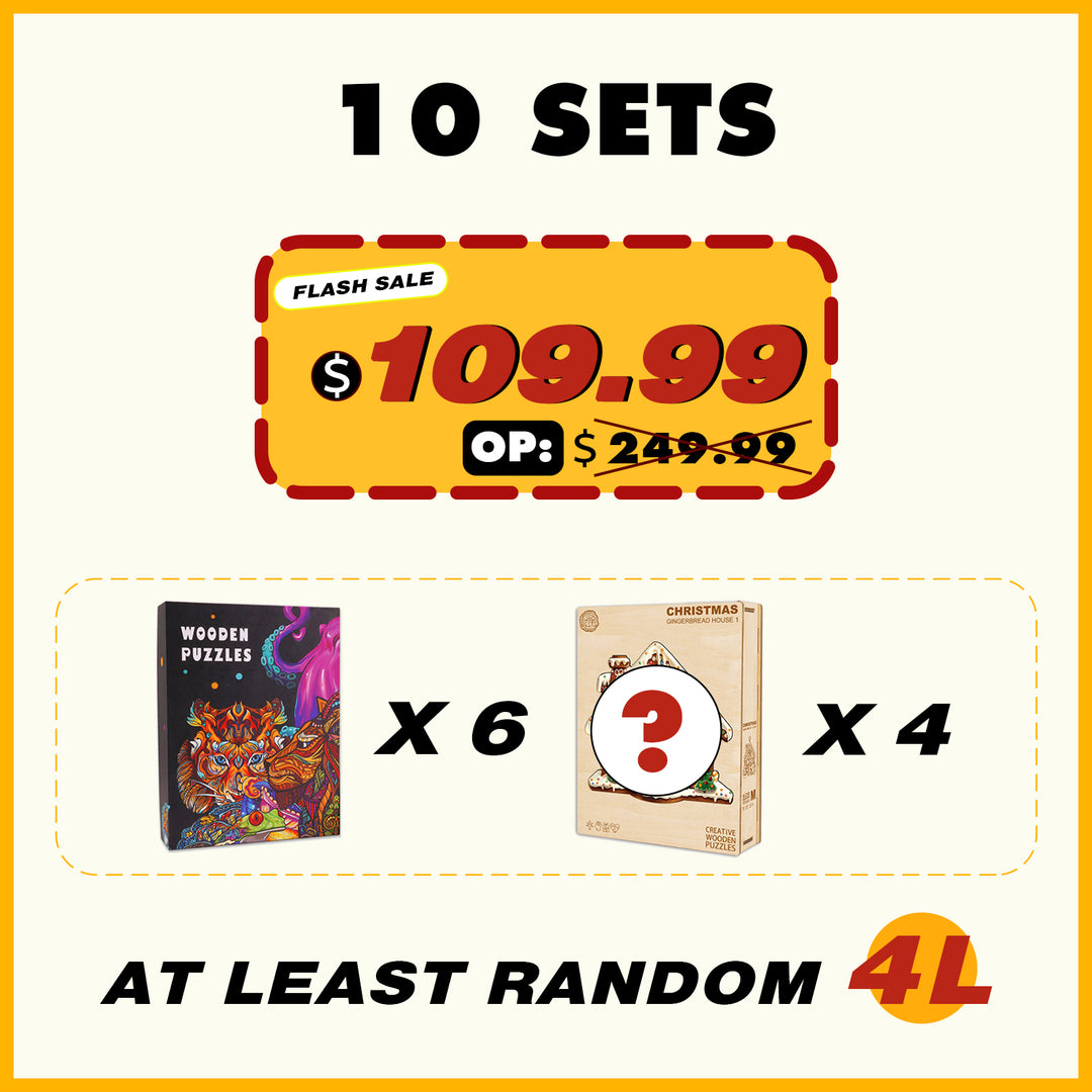 10 sets of wooden puzzles bundle for $109.99, originally $249.99, featuring mystery boxes and flash sale deal.