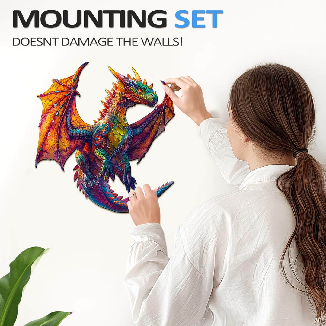 A vibrant dragon wall sticker applied by a woman, showcasing the mounting set that's wall-safe and easy to use.
