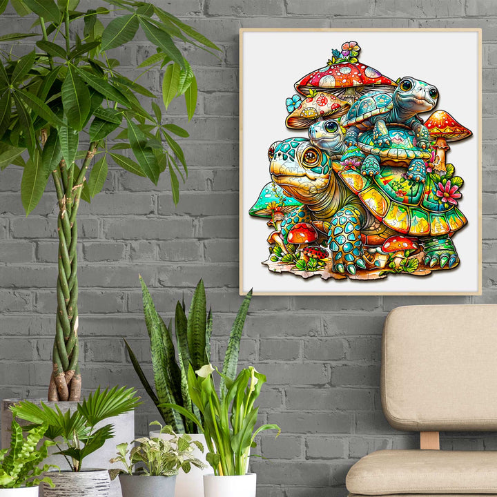 Colorful Turtle Family art print with mushrooms, ideal for animal lovers and vibrant home decor.