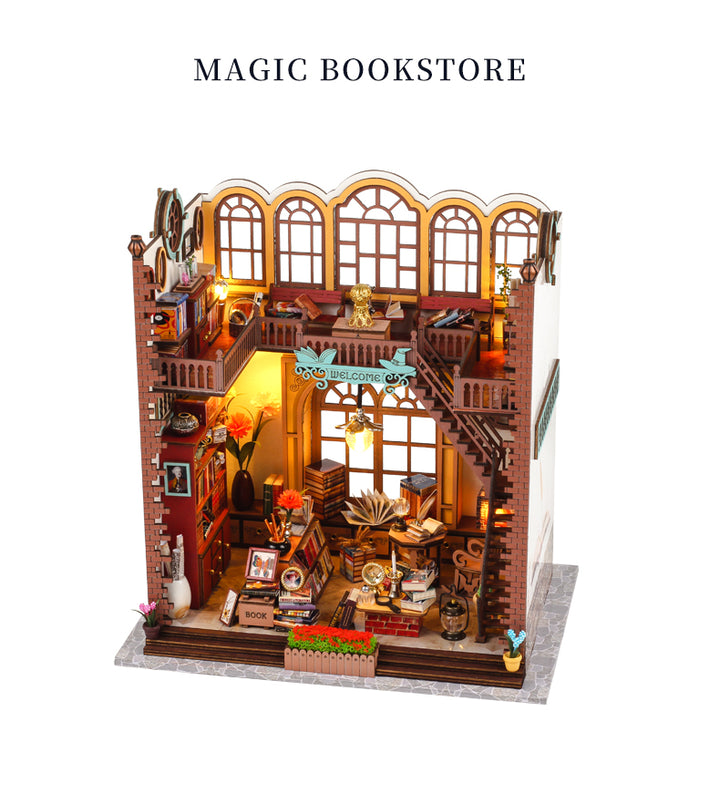 3D wooden puzzle of a charming magic bookstore interior with music-themed decor and warm lighting.