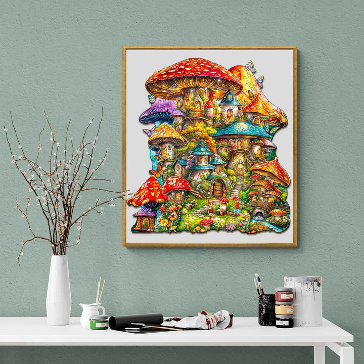 Colorful Mushroom House artwork on a wall, showcasing whimsical design, perfect for jigsaw puzzle lovers and home decor.