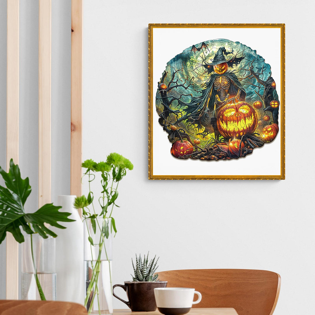 Colorful Halloween wooden jigsaw puzzle featuring a skeleton and pumpkins, perfect for festive decor and family fun.