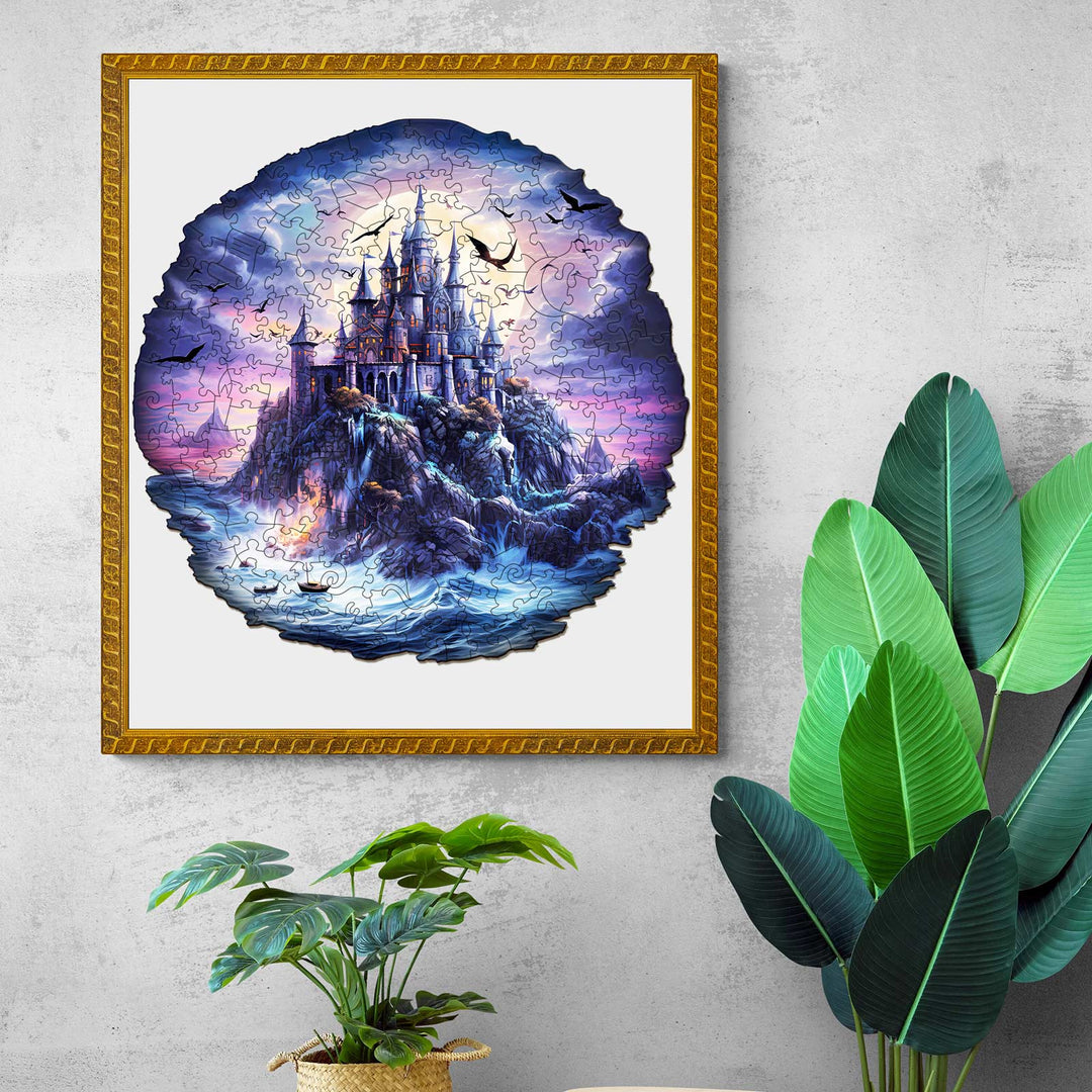 Mysterious Castle Wooden Jigsaw Puzzle showcasing a majestic castle on a rocky island at sunset.