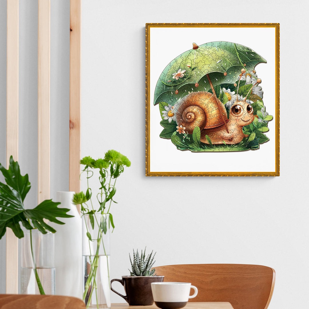 Leisurely Snail wooden jigsaw puzzle design featuring a whimsical snail under a leaf umbrella, perfect for mind games and focus.
