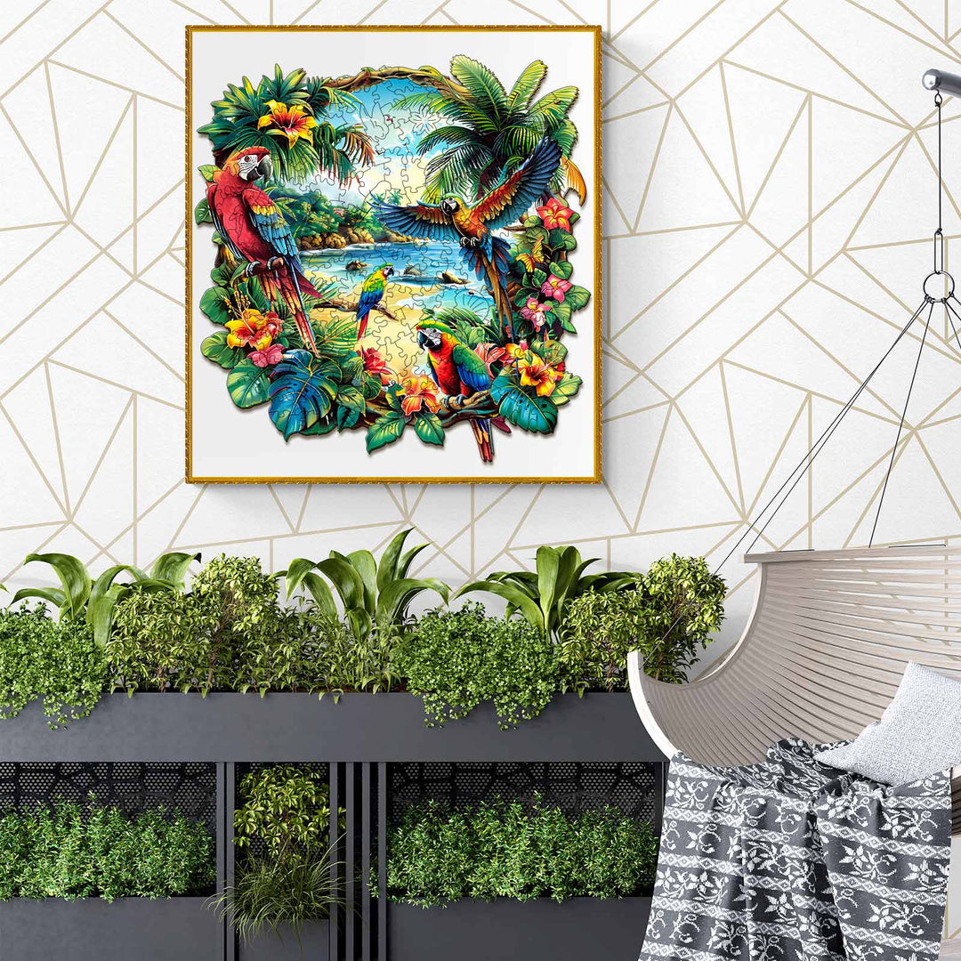 Tropical Parrot wooden jigsaw puzzle displayed in a modern room with plants and hanging chair, enhancing focus and fun.