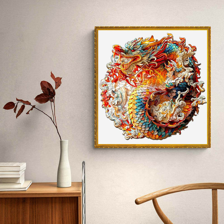 3D Chinese Dragon artwork in vibrant colors, framed, displayed in a cozy home setting with modern decor.