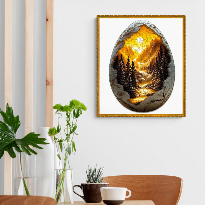3D Eggshell World-1 wooden jigsaw puzzle with a scenic mountain landscape design in a modern interior setting.
