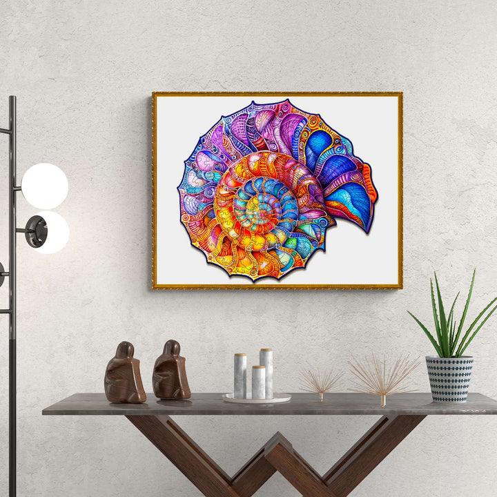 Colorful Nautilus wooden jigsaw puzzle artwork displayed on a modern shelf, enhancing home decor and inspiring focus.