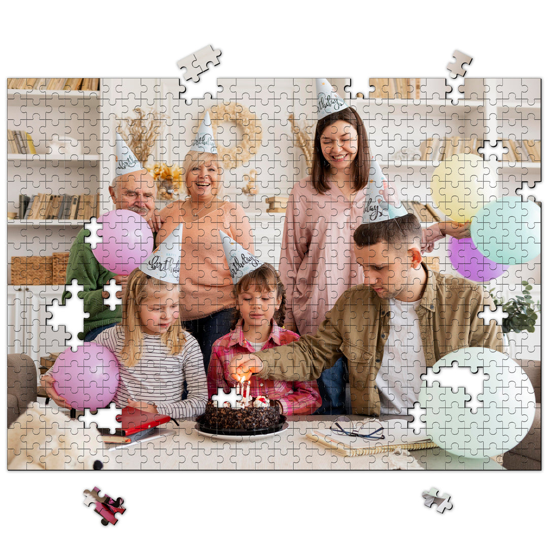 Custom birthday photo jigsaw puzzle featuring family celebrating with cake and balloons.