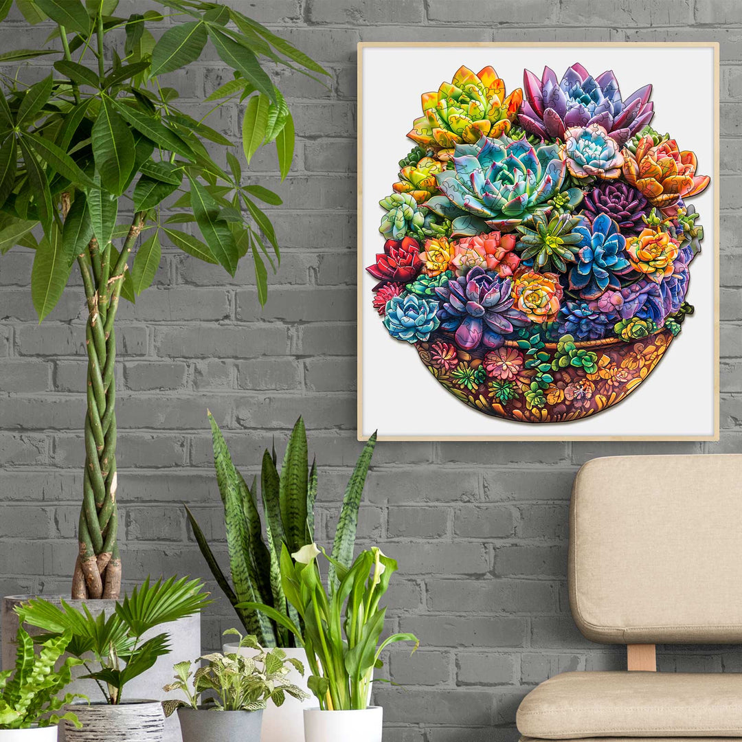 Colorful succulent jigsaw puzzle displayed in a modern living room with plants, enhancing mindfulness and focus.