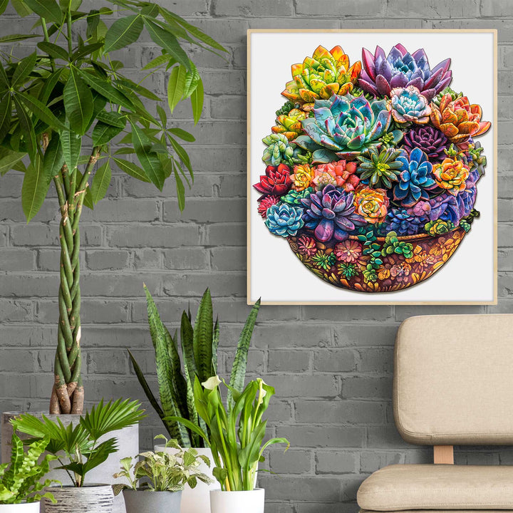 Colorful succulent jigsaw puzzle displayed in a modern living room with plants, enhancing mindfulness and focus.