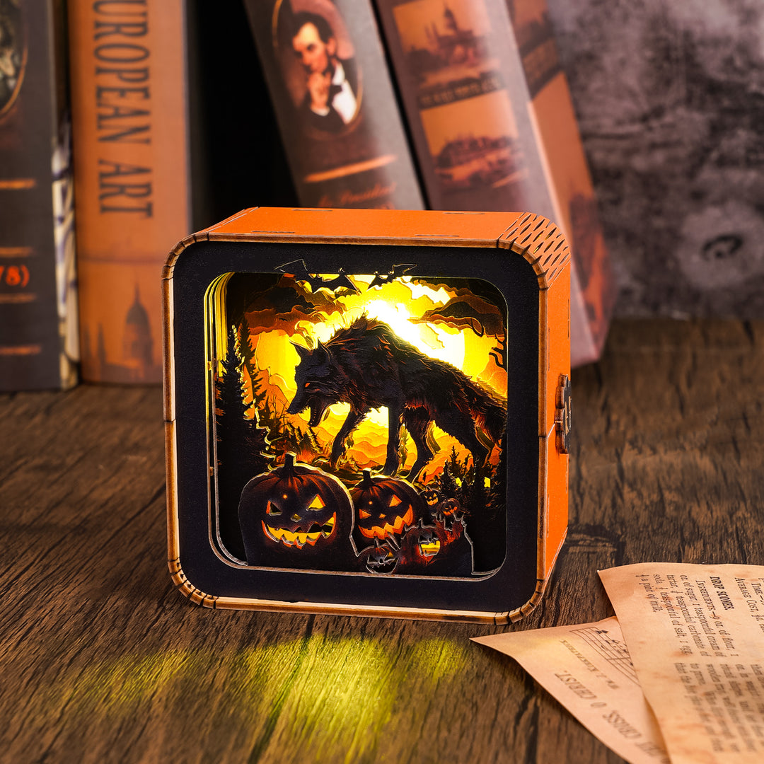 Halloween Wolf Kit 3D wooden puzzle night light featuring a silhouetted wolf and glowing pumpkins.