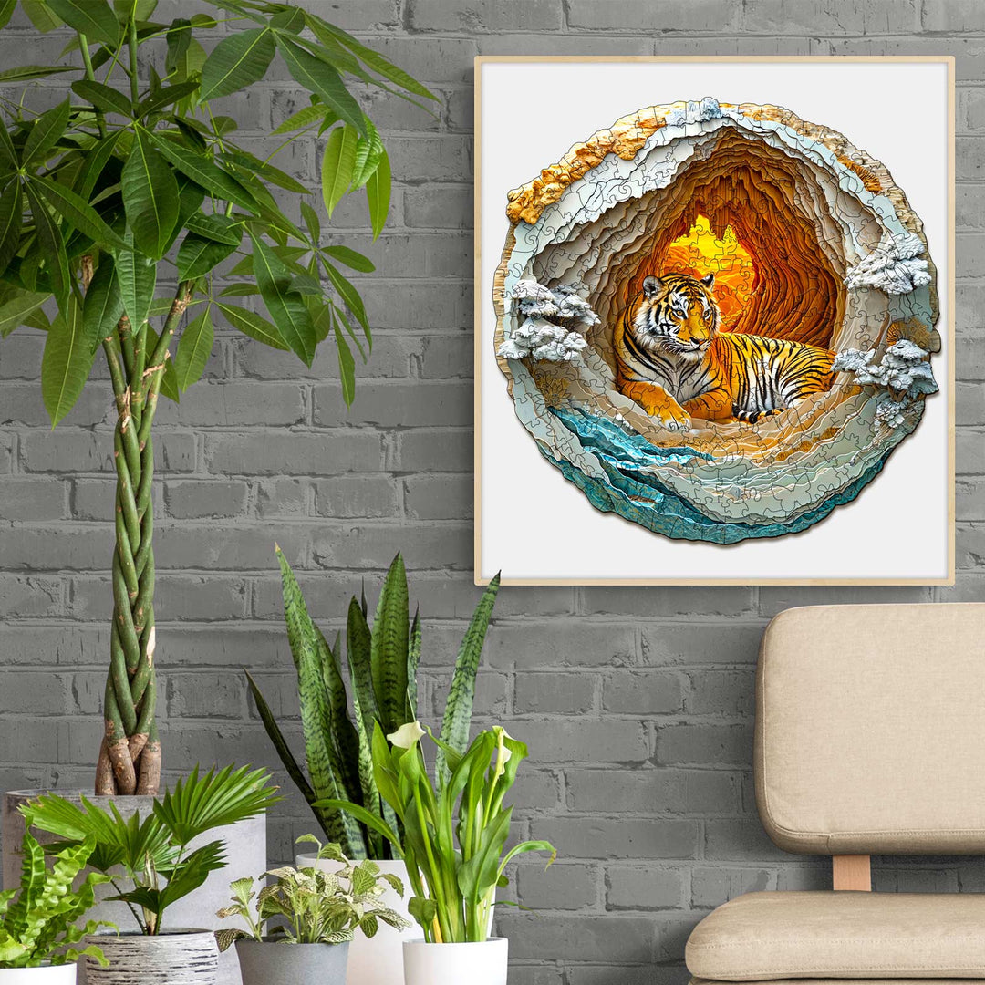3D wooden tiger puzzle artwork displayed in a modern room with plants, enhancing interior decor.