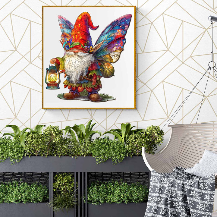 Colorful Christmas gnome with wings holding a lantern, surrounded by indoor plants and modern decor.