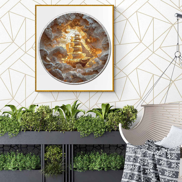 Framed gold and silver abstract wall art with Chinese characters, displayed in a stylish indoor setting with greenery.