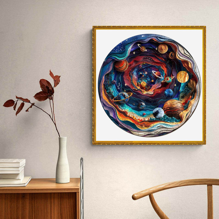 3D Universe wooden jigsaw puzzle artwork, showcasing planets and galaxies in vibrant colors.
