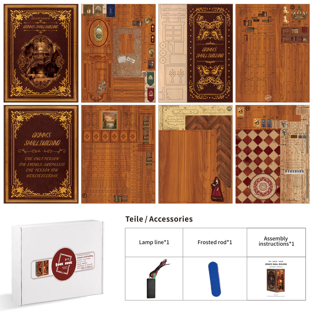 Grimm's Small Building DIY Book Nook Kit pieces, including assembly instructions, lamp line, and frosted rod for 3D puzzle.
