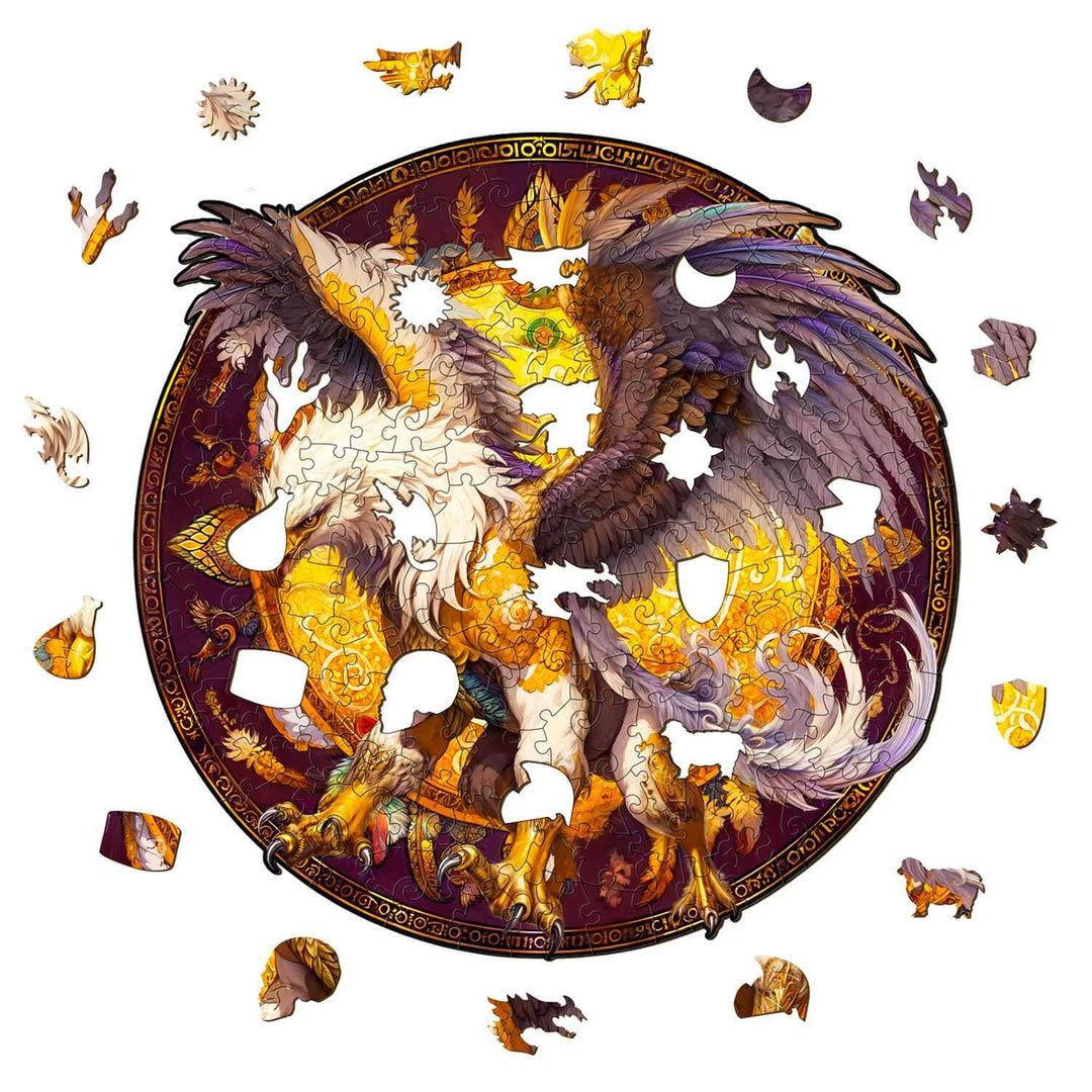 Colorful Griffin wooden jigsaw puzzle pieces scattered around the circular puzzle base, showcasing intricate design and details.