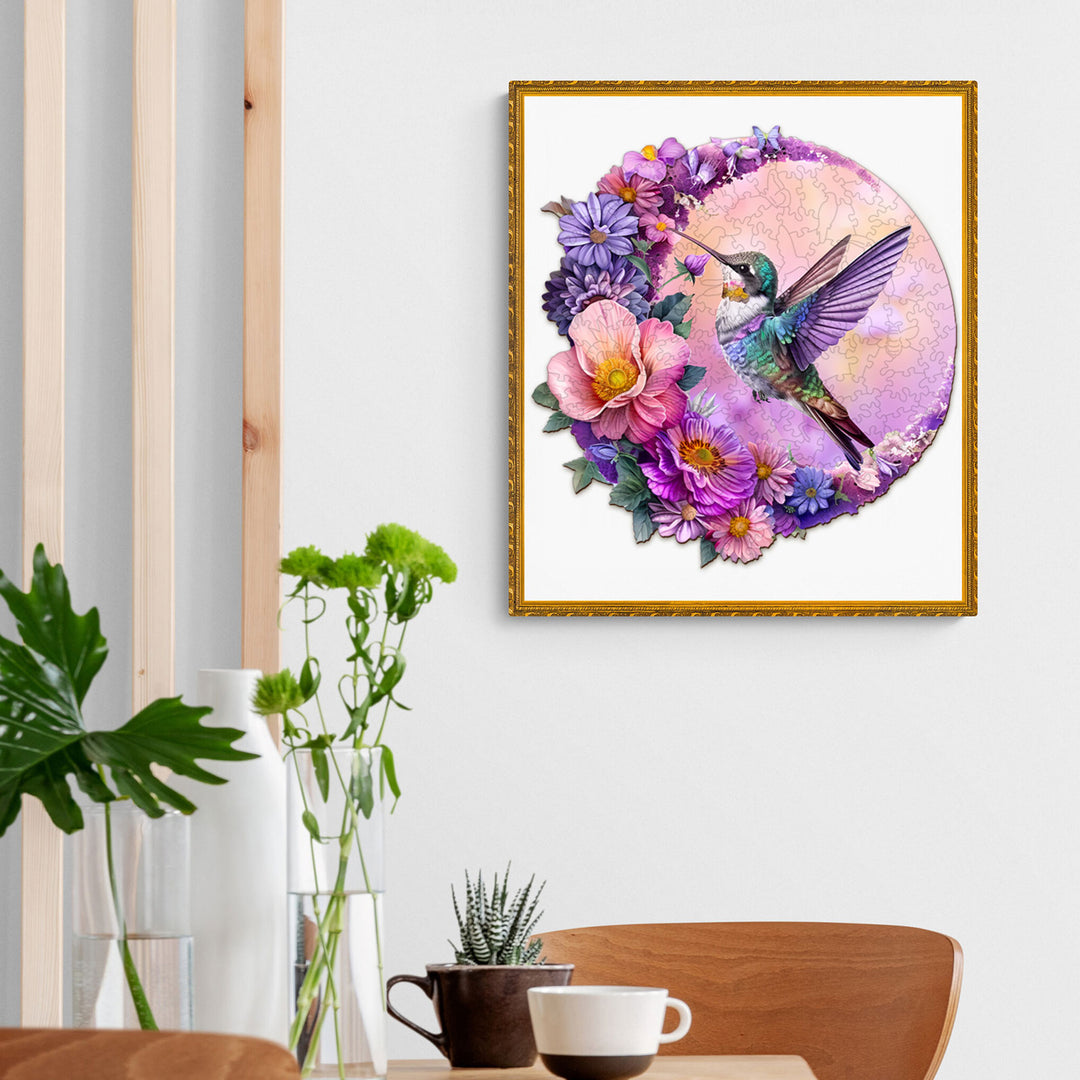 Hummingbird and Moon wooden jigsaw puzzle art featuring vibrant flowers, perfect for puzzle lovers and home decor.