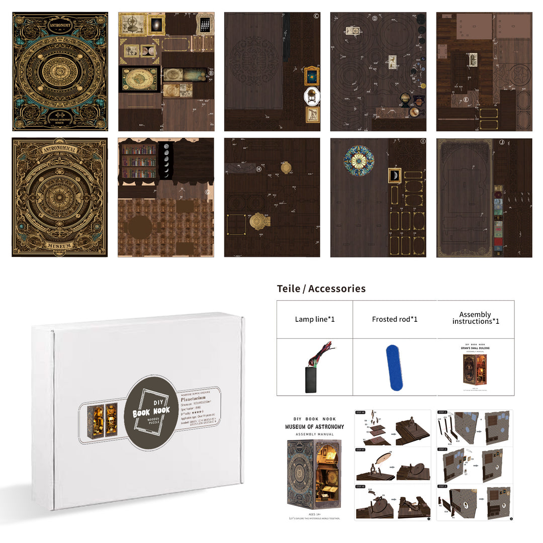 DIY Book Nook Kit featuring 3D wooden puzzle components, assembly instructions, and accessories for music theme design.