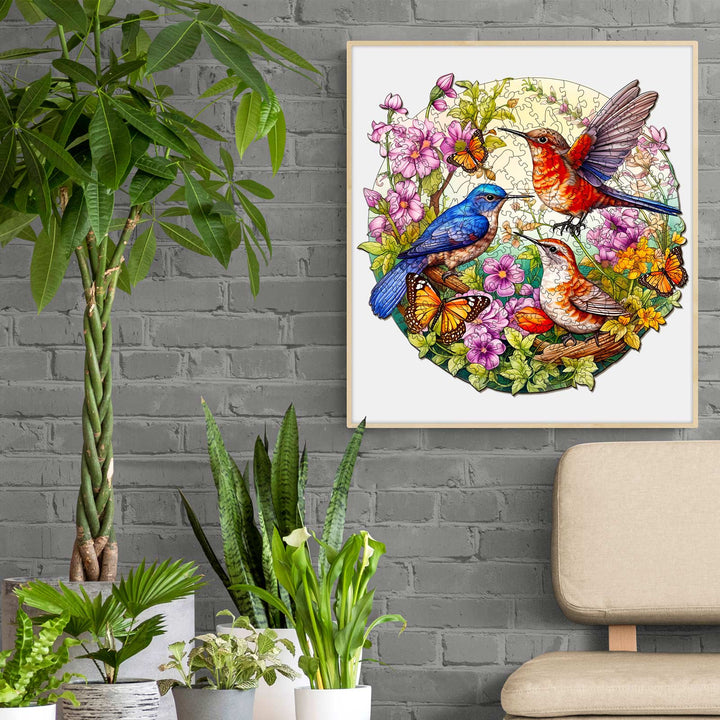 Colorful illustration of birds and butterflies surrounded by flowers, enhancing home decor with nature's beauty.