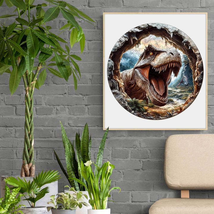 3D illustration of a roaring T-Rex in a circular frame, displayed on a wall alongside green indoor plants.