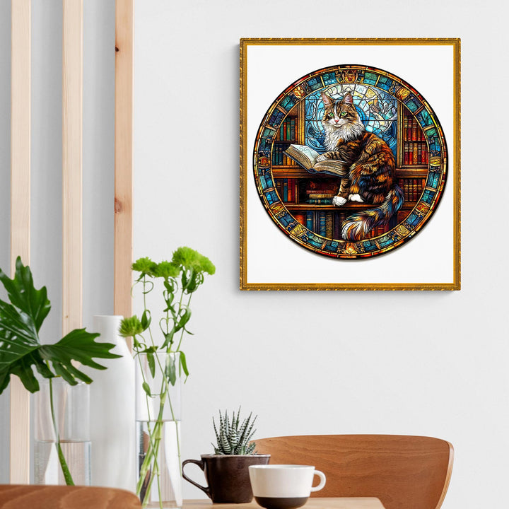 Colorful wooden jigsaw puzzle featuring a cat reading in a library, perfect for puzzle enthusiasts.