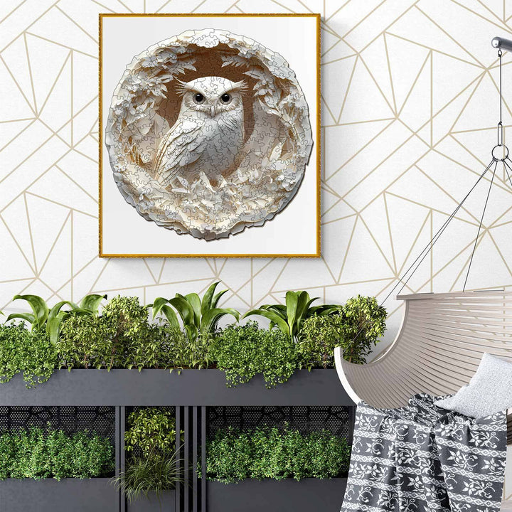 3D Paper Carved Owl wooden jigsaw puzzle displayed in a modern interior with plants and a cozy hanging chair.
