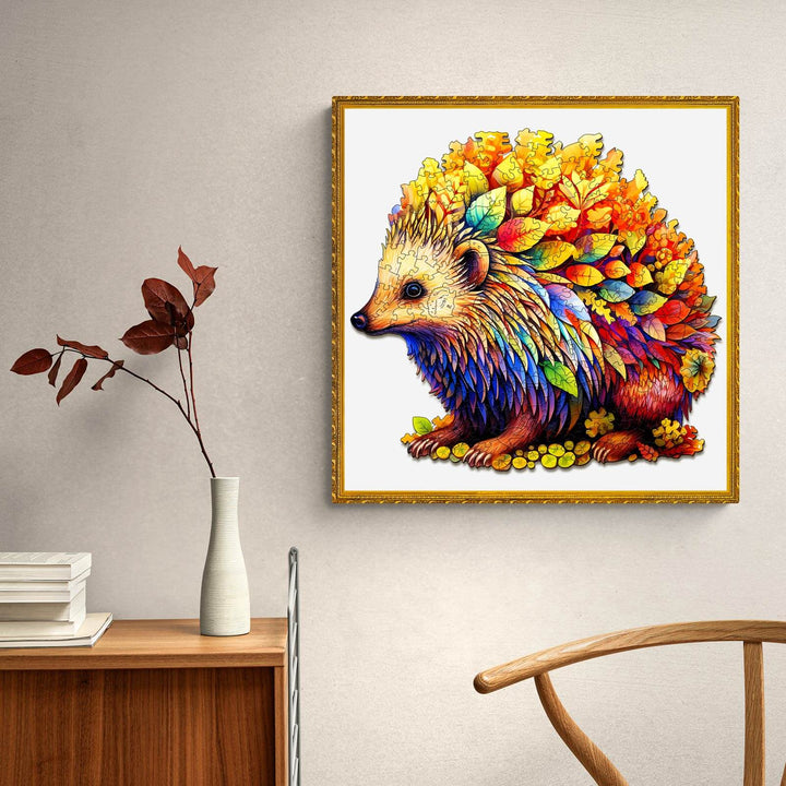 Colorful artwork of a hedgehog with a leaf crown, displayed in a cozy room, perfect for home decor.