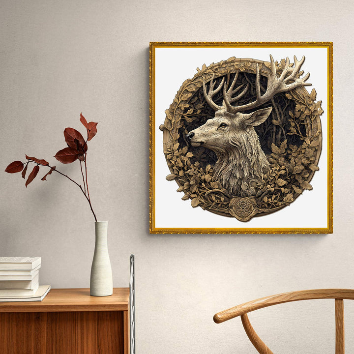 3D Deer wooden jigsaw puzzle artwork displayed in a stylish home interior, showcasing intricate design and craftsmanship.