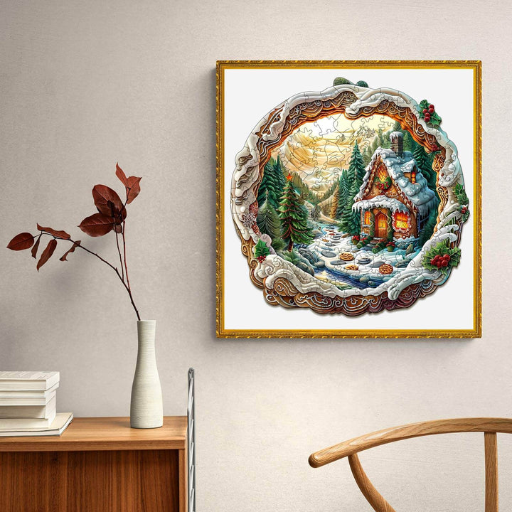 3D Christmas House-1 wooden jigsaw puzzle illustration with winter scene and cozy cabin, ideal for mind games and enhancing focus.