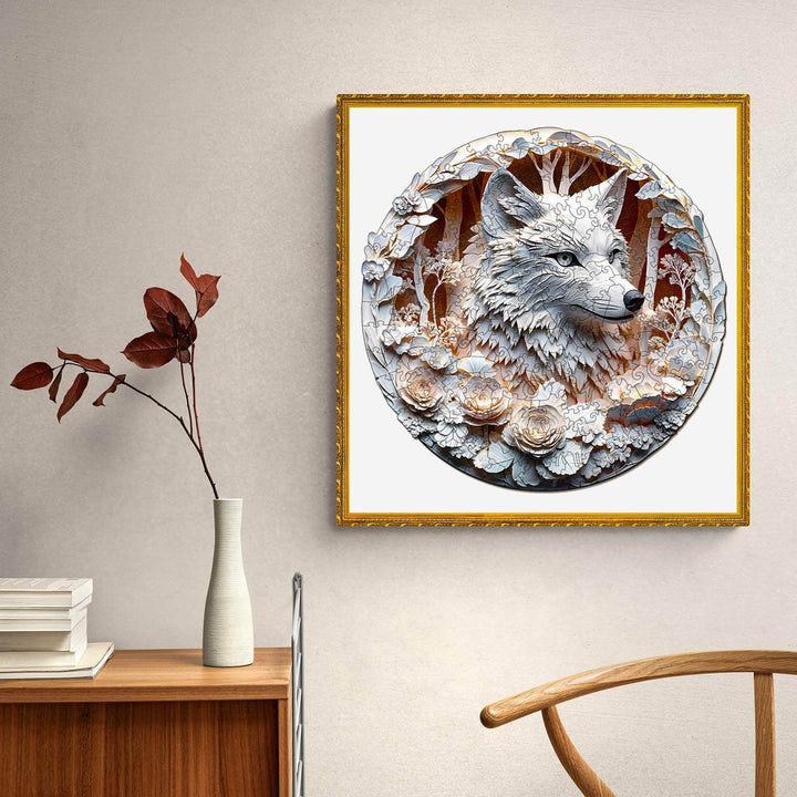 3D Wolf-1 wooden jigsaw puzzle art showcased in a modern home setting, enhancing focus and cognitive skills.