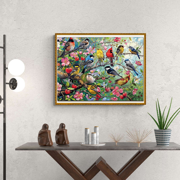 Colorful Birds in the Orchard jigsaw puzzle art piece displayed on a modern table, enhancing decor and mindfulness.
