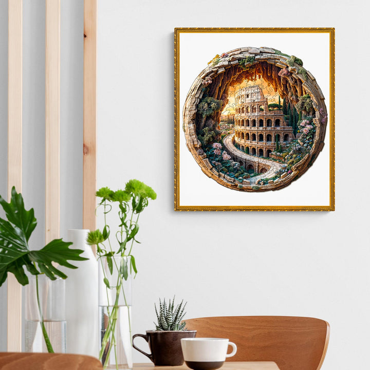 3D Colosseum wooden jigsaw puzzle beautifully framed, showcasing intricate details in a stylish home setting.