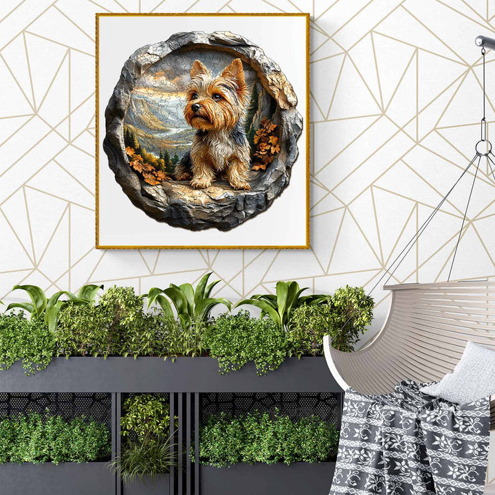 3D Yorkshire dog artwork displayed in a modern room with greenery and geometric wall design.