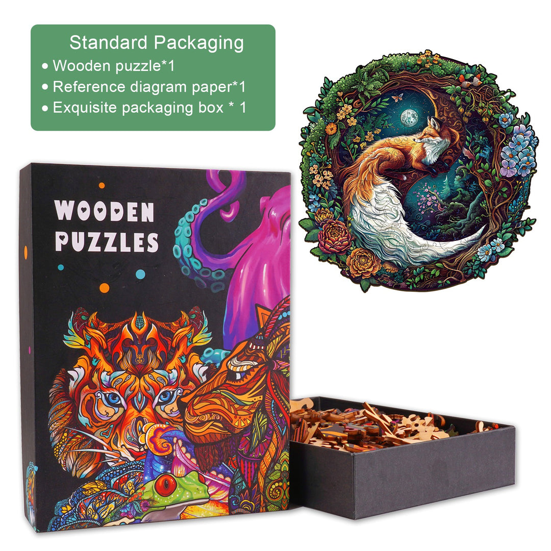 Yin Yang Fox-2 wooden jigsaw puzzle in elegant packaging, featuring colorful design and puzzle pieces for focused mind games.